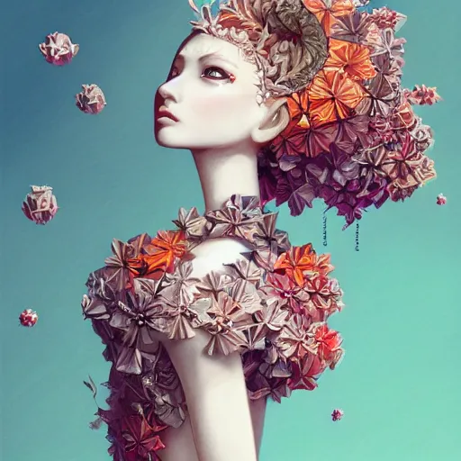 Image similar to 3 / 4 view of a beautiful girl wearing an origami dress, eye - level medium shot, fine floral ornaments in cloth and hair, hummingbirds, elegant, by eiko ishioka, givenchy, tyler edlin, by peter mohrbacher, centered, fresh colors, origami, fashion, detailed illustration, vogue, japanese, reallusion character creator