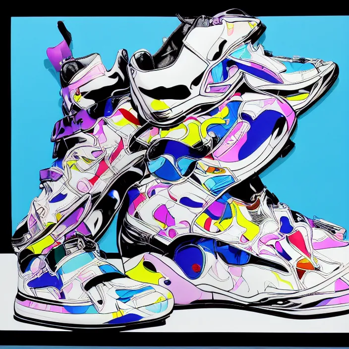 Image similar to futuristic sneakers in jeff koons hip hop bauhaus style, highly detailed, hyper realistic, art by todd mcfarlane