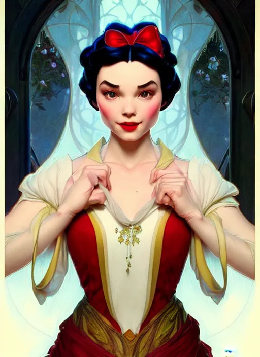 Image similar to portrait of disney snow white, intricate, elegant, highly detailed, my rendition, digital painting, artstation, concept art, smooth, sharp focus, illustration, art by artgerm and greg rutkowski and alphonse mucha and uang guangjian and gil elvgren and sachin teng, symmetry!!
