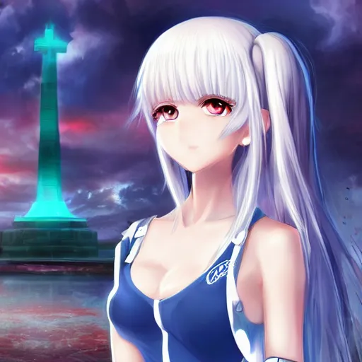 Image similar to aristocratic platinum - blonde - haired hime - cut blue - eyed princess wearing white leggings and black jacket, standing next to communist monument, anime, hd anime wallpaper, drawn by artgerm