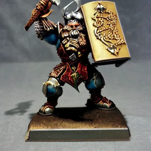 Image similar to Warhammer, Thorgrim Grudgebearer holding up his book of grudges