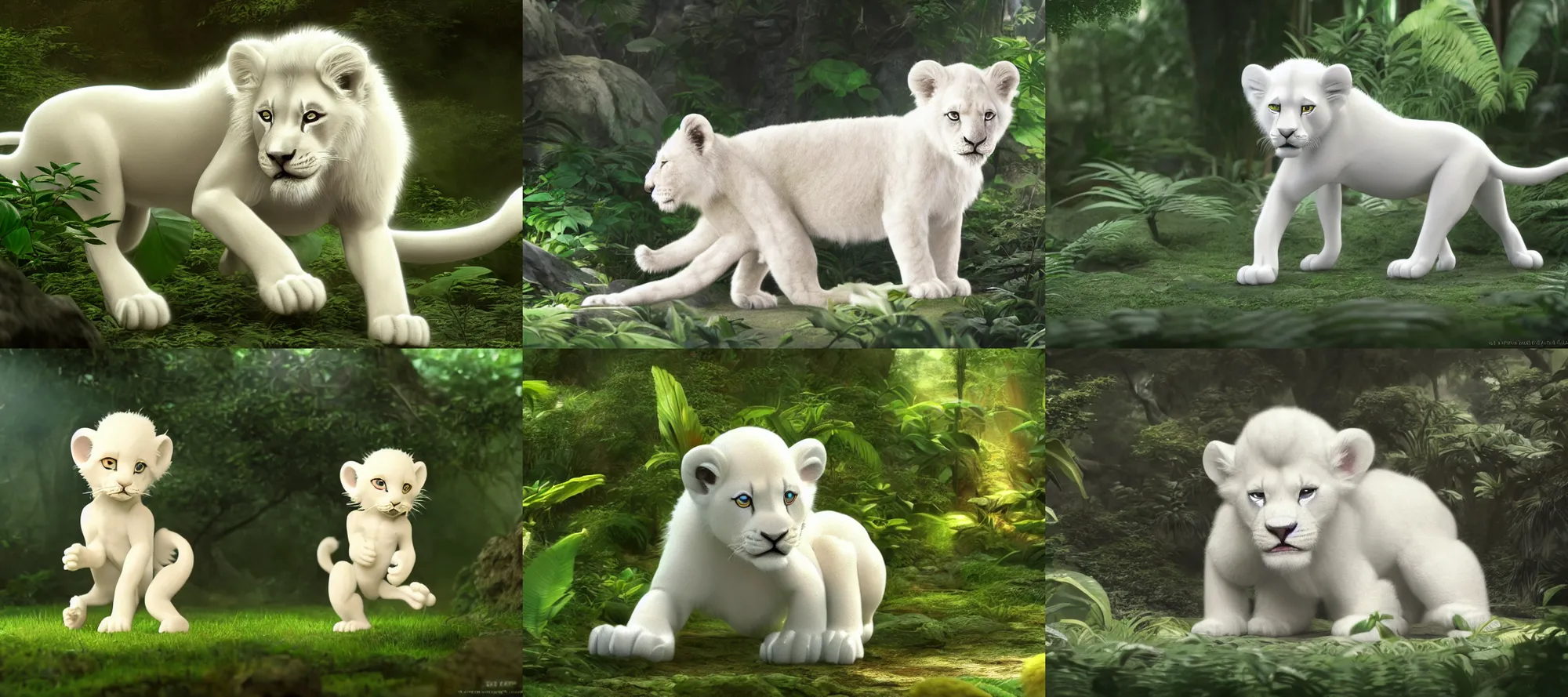 Prompt: a small white lion cub playing in the jungle, art by ozamu tezuka, leiji matsumoto, tezuka osamu, go nagai, photorealistic 8 k, cinematic lighting, hd, high detail, atmospheric, trending on artstation