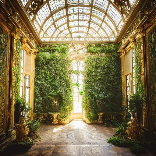 Image similar to a dream about inside opulent, ornate, abandoned overgrown Palace of Versailles, lush plants growing through the floors and walls, walls are covered with vines, beautiful, dusty, golden volumetric light shines through giant broken windows, golden rays fill the space with warmth, rich with epic details and dreamy atmosphere