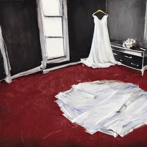 Image similar to a messy painting of a bedroom floor with a wedding dress discarded in a heap and a suit on the floor. Red, black and white Color scheme.