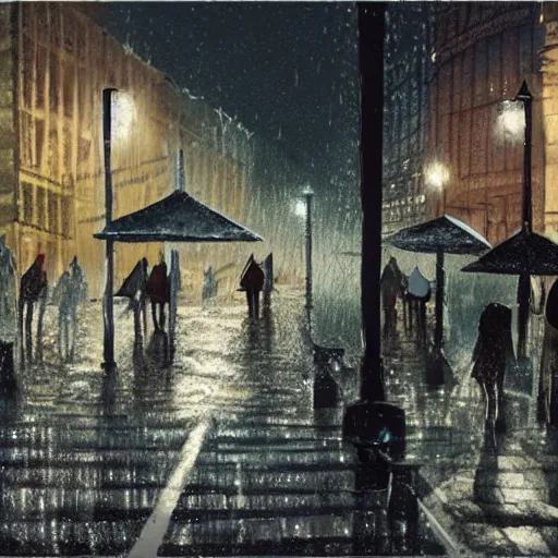 Image similar to a nightcafe in scotland, chairs in the rain, the full moon shining, people dancing, soaked by the rain + misty night, eerie presence, concept art