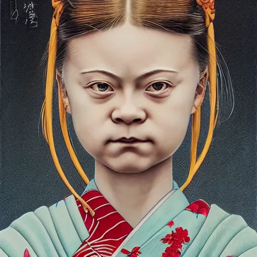 Image similar to detailed portrait of greta thunberg as a geisha, trending on artstation elite, elegant, luxury, by krenz cushart, junji ito, takato yamamoto, perfect face, fine details, realistic shaded, fine - face, pretty face