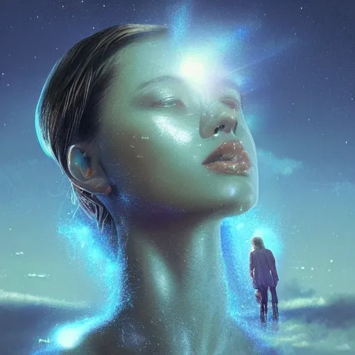 Prompt: sci - fi, close - up, 3 d, moon rays, night, thoughtful fashion model face, cinematic, clouds, sun rays, vogue cover style, poster art, blue mood, realistic painting, intricate oil painting, high detail illustration, figurative art, multiple exposure, water, 3 d, by tooth wu and wlop and beeple and greg rutkowski