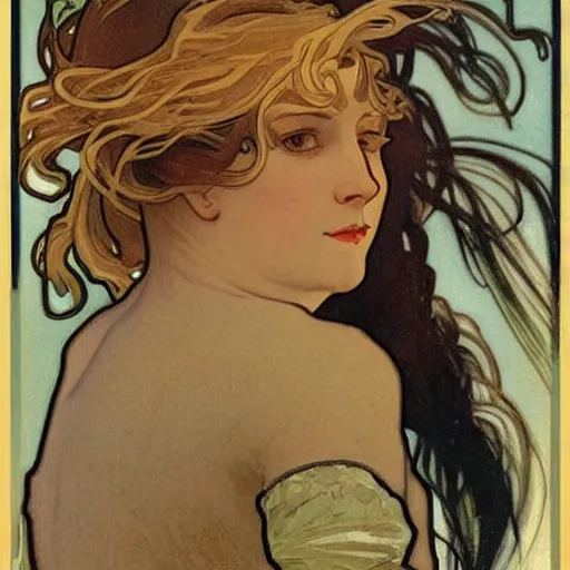 Image similar to A blonde horsewoman by Alphonse Mucha