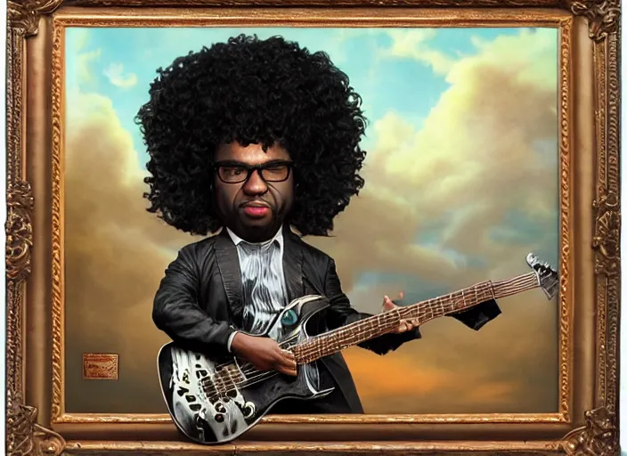Prompt: a black man with long curly hair playing electric guitar, lowbrow, matte painting, 3 - d highly detailed, in the style of mark ryden,