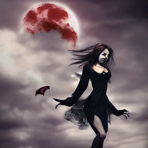 Prompt: a female vampire flying in a dark time, photomanipulation, photoshop, digital painting