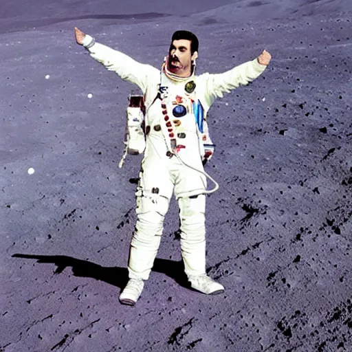 Prompt: color photography of Freddy mercury doing live Aid on the moon