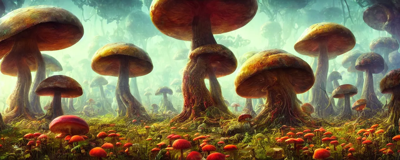 Prompt: ” whimsical world of giant mushrooms, flowers, trees, twisted roots and happiness, [ by paul lehr, cinematic, detailed, epic, widescreen, opening, establishing, mattepainting, photorealistic, realistic textures, octane render ] ”