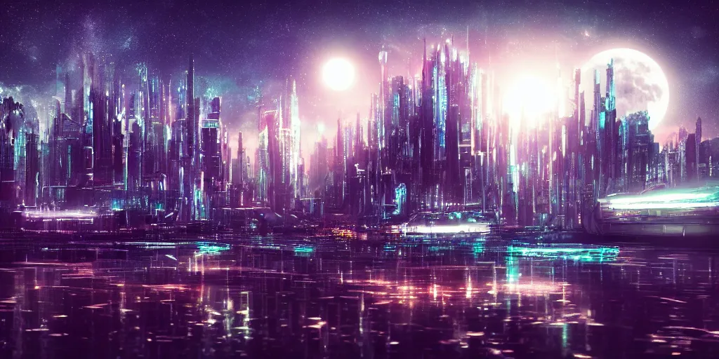 Prompt: futuristic city on the ocean, full moon, stars, photography, cinematic composition, cyberpunk, neon, deep dark colors, moonscape