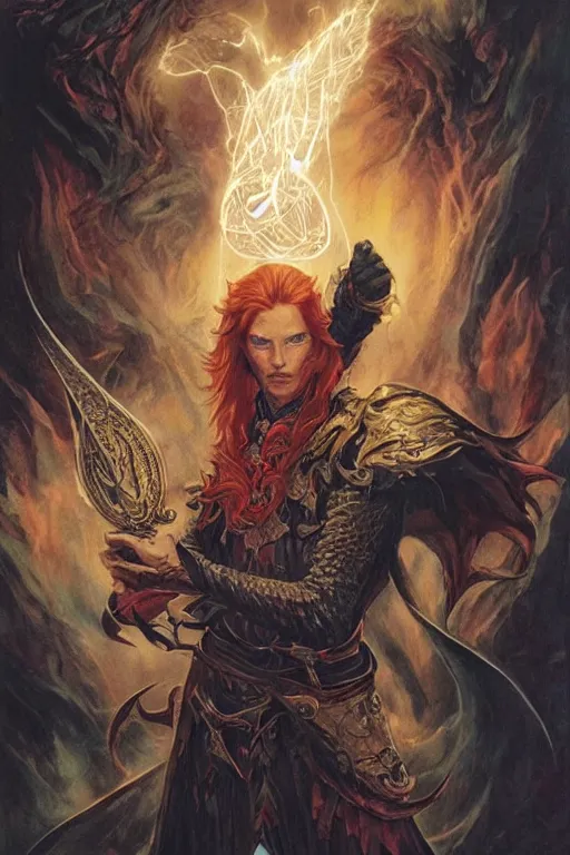 Image similar to young male redhead Spellcaster standing, holding a spell book glowing, D&D dark fantasy style, sharp focus, ultra detailed, art by Artgerm and Peter Andrew Jones, Karol Bak, Ayami Kojima, Amano and Olivier Ledroit