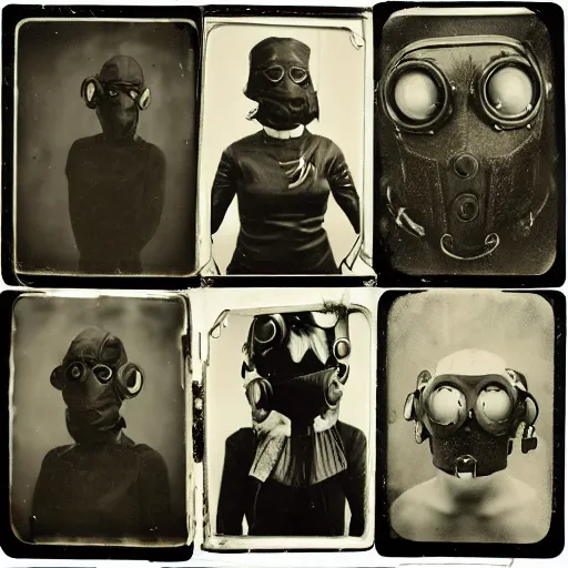 Image similar to tintype photographs of techno shamans, telepaths, dieselpunk cyborgs, masked heroes, irradiated humans, mystic mutates and monster hunters