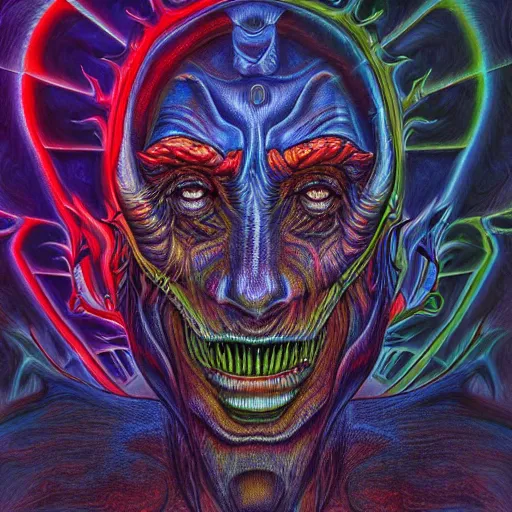 Prompt: photorealistic demonic devil as a dmt entity in the style of alex grey and michael whelan. hyperdetailed photorealism, 1 0 8 megapixels, amazing depth, high resolution, 3 d shading, 3 d finalrender, 3 d cinematic lighting, glowing rich colors, psychedelic overtones, artstation concept art.