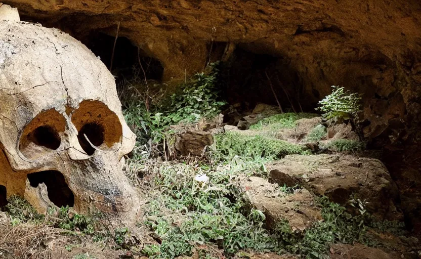 Image similar to cave built into an early medieval village lit by torches, large dinosaur skull, plants