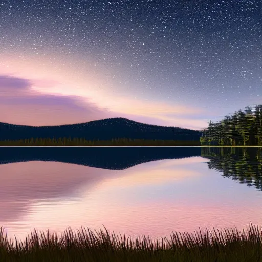 Prompt: isometric view of a lake shore, stars reflecting on the water, 4k reflection, diorama