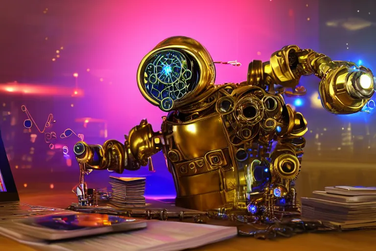 Prompt: photo of a golden and blue metal steampunk office robot with gears and tubes sitting in a modern office, on the office table is a suitcase with money bills, eyes are glowing red lightbulbs, shiny crisp finish, 3 d render, 8 k, insaneley detailed, fluorescent colors, background is multicolored lasershow