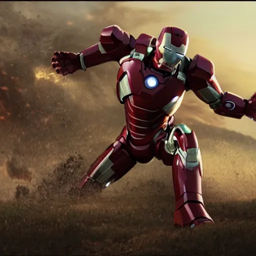 Prompt: an film still of ironman stopping giant rusty ball hit the earth, cinematic, heroic scene