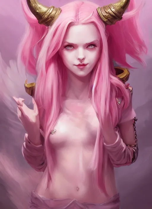 Prompt: a highly detailed illustration of cute smug pink haired pale demon girl with curved horns wearing oversized pink hoodie, dramatic smirk pose, intricate, elegant, highly detailed, centered, digital painting, artstation, concept art, smooth, sharp focus, league of legends concept art, wlop.