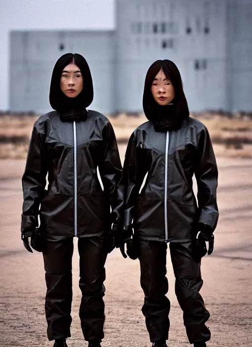 Image similar to cinestill 5 0 d photographic portrait of two caring clones, techwear women on a desolate plain, a brutalist dark metal building in the background, depth of field, 4 k, 8 k, hd, full color