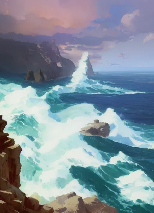 Prompt: steep cliffs overlooking a stormy sea, extremely detailed oil painting, rhads, sargent and leyendecker, savrasov levitan polenov, bruce pennington, studio ghibli, tim hildebrandt, digital art, landscape painting, trending on artstation, masterpiece