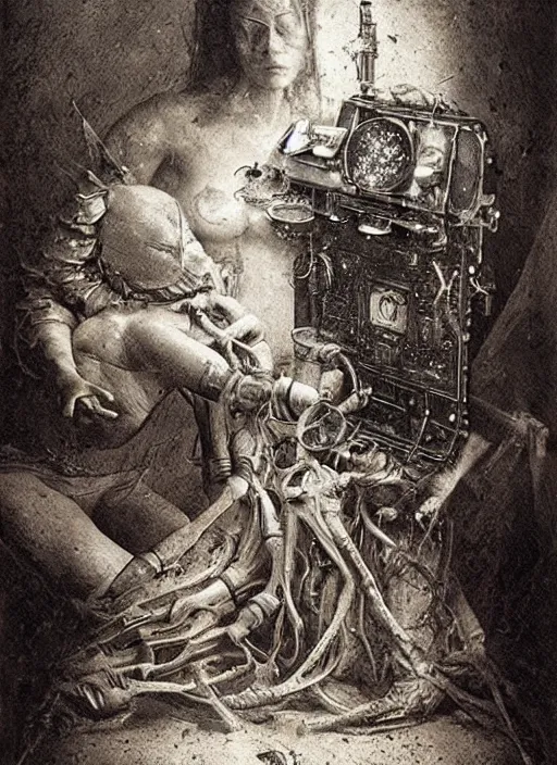 Prompt: old wetplate daguerreotype birth of a cyborg in times of eternal summoning, fractal, intricate, elegant, highly detailed, parallax, leica, medium format, subsurface scattering, by jheronimus bosch and greg rutkowski and dali and louis jacques mande daguerre