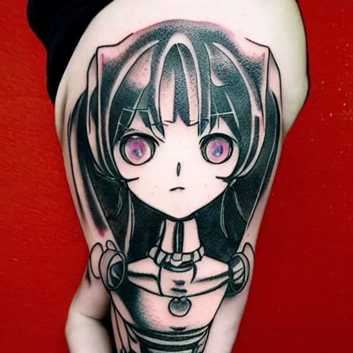 Image similar to Anime manga robot!! catgirl tattoo, cyborg catgirl, exposed wires and gears, fully robotic!! catgirl, manga!! in the style of Junji Ito and Naoko Takeuchi, cute!! chibi!!! catgirl, tattoo on upper arm, arm tattoo