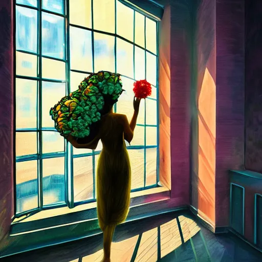 Image similar to giant flower under head, woman next to modern windows, luxury apartment, surreal photography, dramatic light, impressionist painting, digital painting, artstation, arthur adams