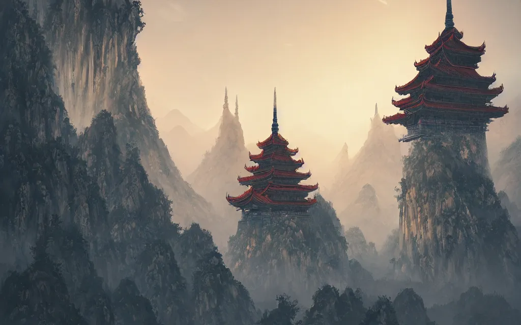 Prompt: twin chinese buddhist pagodas made of stone in a beautiful chinese landscape by anato finnstark, by alena aenami, by john harris, by ross tran, by wlop, by andreas rocha,