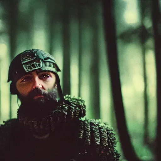 Image similar to close up kodak portra 4 0 0 photograph of a roman legimeer after the battle standing in dark forest, moody lighting, telephoto, 9 0 s vibe, blurry background, vaporwave colors, faded