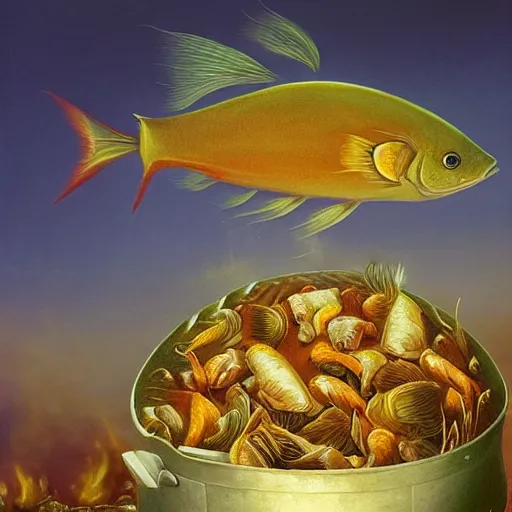 Image similar to a worried fish on the top of a pile of fish, all the fish are inside a cooking pot on the fire, side view, by vladimir kush, dystopian art, rococo