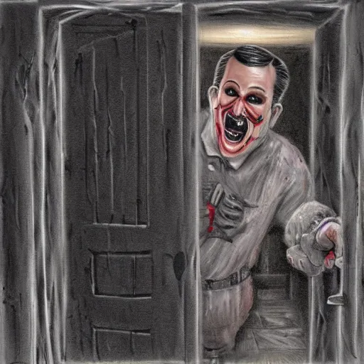 Image similar to Ted Cruz with a wide grin wielding a bloody hatchet peaking through a door in the distance at the end of a narrow corridor, black and white, creepy lighting, scary, horror, ornate, eerie, fear, oil painting