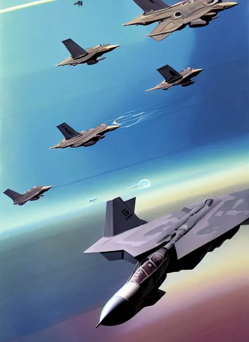 Image similar to poster artwork by michael whelan and tomer hanuka, a portrait, f 3 5 jets dogfighting in the clouds of jupiter, clean