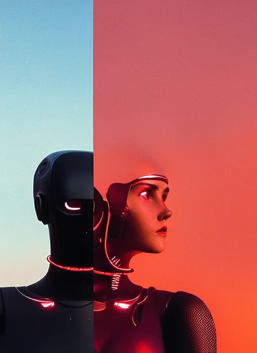 Image similar to cinestill 5 0 d photographic portrait of two loving female androids wearing rugged black mesh cutout waist techwear on a desolate plain with a red sky, extreme closeup, modern cyberpunk, dust storm, 8 k, hd, high resolution, 3 5 mm, f / 3 2, ultra realistic faces, ex machina, blade runner