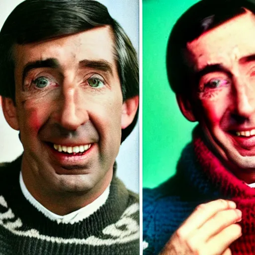 Image similar to mr. rodgers in a blood stained sweater