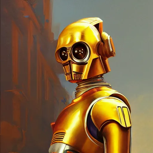 Image similar to greg manchess portrait painting of c 3 po as overwatch character, medium shot, asymmetrical, profile picture, organic painting, sunny day, matte painting, bold shapes, hard edges, street art, trending on artstation, by huang guangjian and gil elvgren and sachin teng