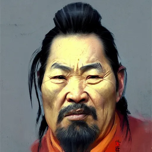 Prompt: Greg Manchess portrait painting of a chinese 60 year old character, soul patch, facial tattoo, long hair, medium shot, asymmetrical, profile picture, Organic Painting, sunset dark dramatic, matte painting, bold shapes, hard edges, street art, trending on artstation, by Huang Guangjian and Gil Elvgren and Sachin Teng