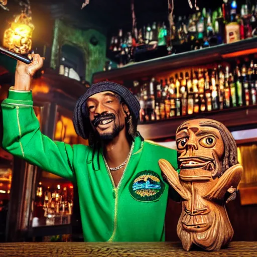 Image similar to a closeup photorealistic photograph of happy stoned blunt smoking snoop dogg at trader vic's bar holding up a trader vic's style tiki mug featuring snoop dogg's face. tiki culture. lit scene. 4 k hd image that's trending on artstation, featured on behance, well rendered, extra crisp, features epic composition and the style of unreal engine.