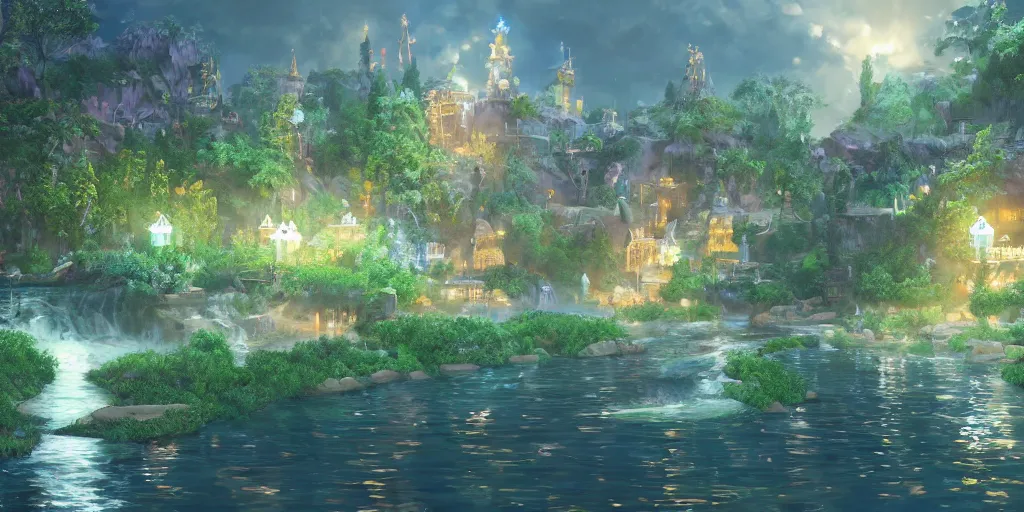 Image similar to beautiful and immersive magical town, magical buildings, bioluminescent forest surrounding, gentle rivers flowing through town, visual novel key visual, award - winning digital art on pixiv, trending on artstation - highly detailed, hyperrealistic, unreal engine 5, in the style of kingdom hearts