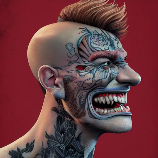 Prompt: tatted man laugh on camera. matte, facial features, symmetrical anatomy, hyperdetailed, digital art, baroque, pop punk art style, fantasy, full body pictures, without duplication, art by artgerm and ilya kuvshinov and vinicius gud and gustavo zambelli, intricate, octane render.