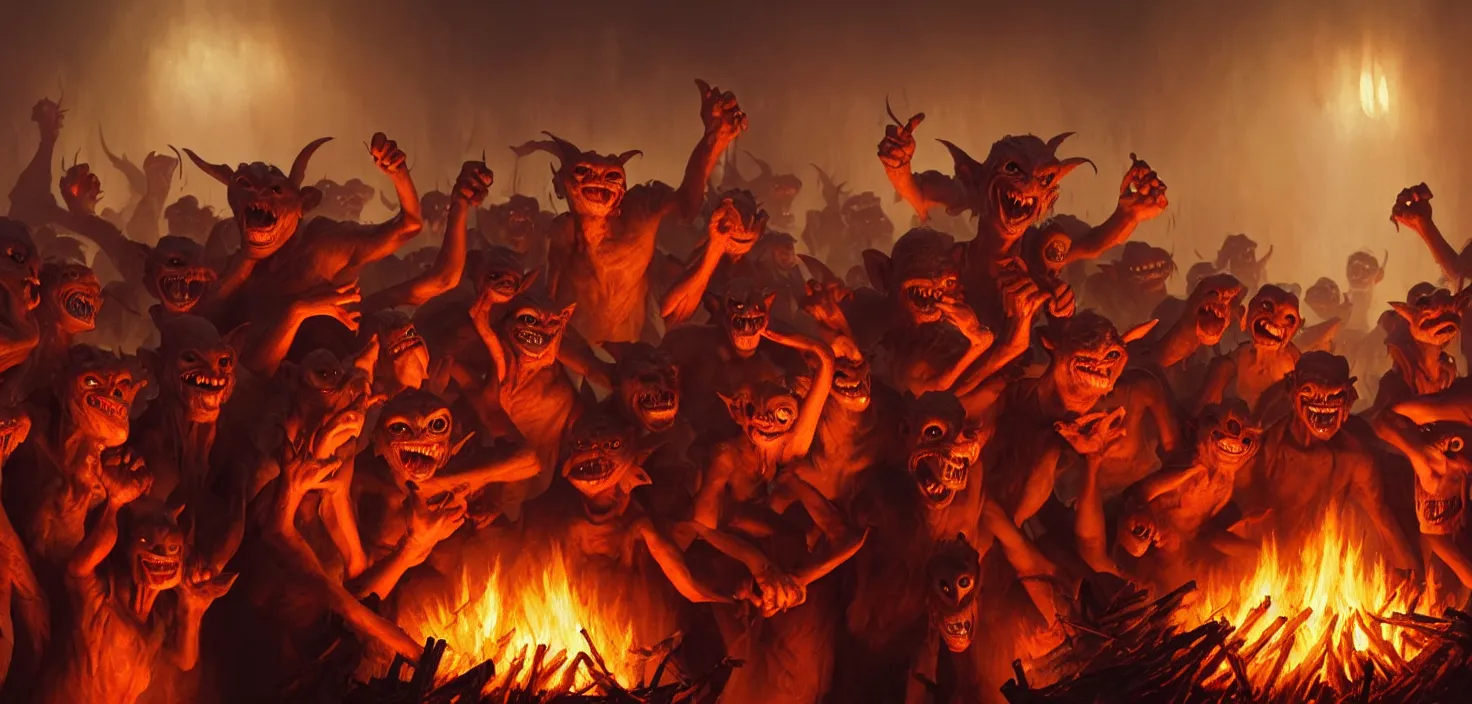 Prompt: oil matte painting, closeup portrait of ugly creepy goblins dancing around a bonfire at ba rave cheering dancing beautiful cinematic light deep focus, elegant, digital painting, smooth, sharp focus, golden ratio, dramatic illumination, ultra realistic, 8 k, art by greg rutkowski wlop rossdraws