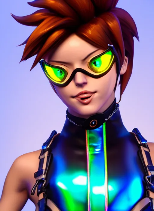 Image similar to portrait bust digital artwork of tracer overwatch, wearing iridescent rainbow latex and leather straps catsuit outfit, 4 k, expressive happy face, makeup, in style of mark arian, angel wings, wearing detailed leather collar, chains, black leather harness, detailed face and eyes,