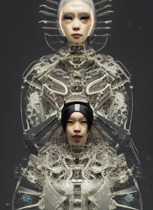 Image similar to portrait of a futuristic artificial intellegence geisha cyborg, kintsugi, modern fine art, fractal, intricate, elegant, highly detailed, digital photography, subsurface scattering, by jheronimus bosch and greg rutkowski,