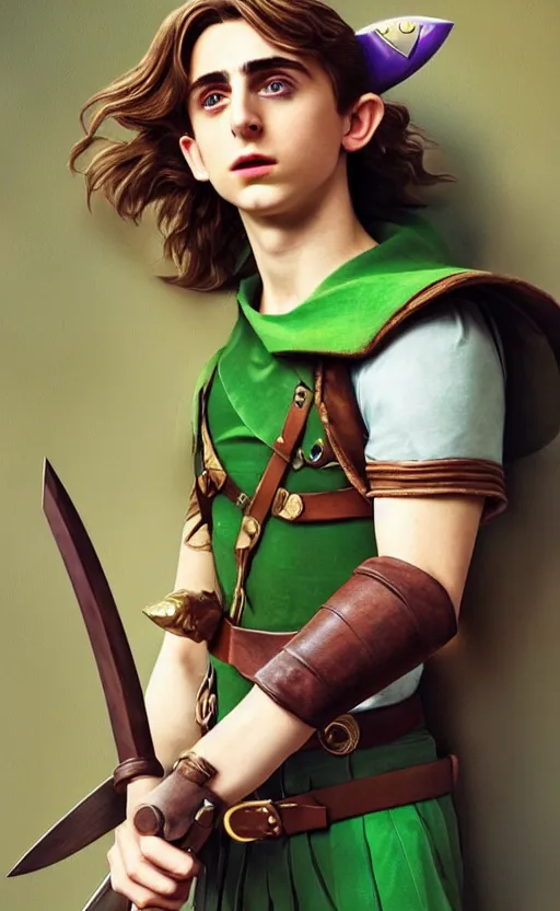 Prompt: Timothee Chalamet as Link from Legend of Zelda, elf ears, long blonde hair, +++ super super super dynamic posing, j.c. leyendecker, Valentina Remenar, thick eyebrows, super serious facial expression, holding a sword & shield, ocarina of time movie, concept photos, dynamic lighting, dynamic shaders