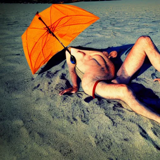 Prompt: nosferatu sunbathing on the beach, colorful photograph, beautiful day