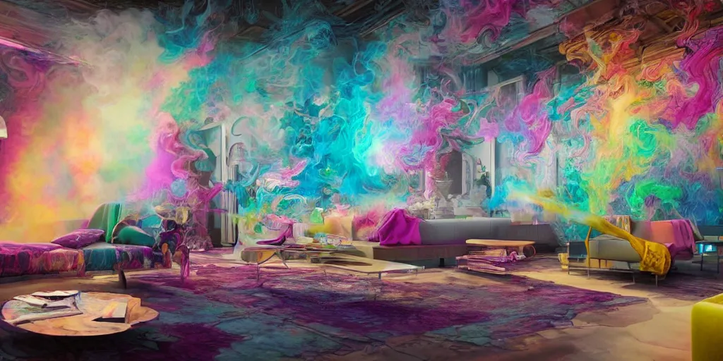 Prompt: an insanely intricate photo of a modern living room full of insane detailed colorfull smoke, clean architecture, pictures in the wall, flying soap boubles, pastel colored, intricate detailed 3 d render, hyper realistic intricate acrilic fluid art, intense colors, wide shot, octane render, concept art, daylight, peaceful, 8 k