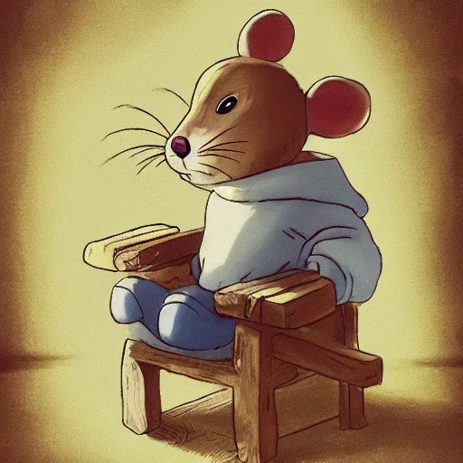 Image similar to an anthropomorphic mouse dressed in medieval clothing sitting is a big cozy armchair, studio ghibli, warm lighting, sitting by a small fireplace