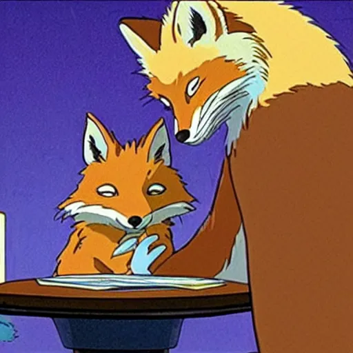 Prompt: the scene where a fox reads tarot cards in studio ghibli's spirited away